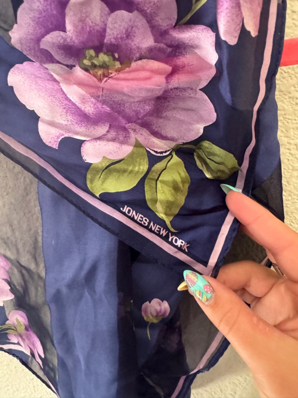 Jones New York Navy Floral Silk Scarf with Purple Blooms